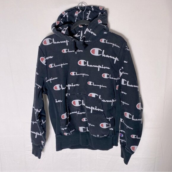 Vintage Champion Reverse Weave Black All Over Logo Print Hoodie M - Picture 1 of 16